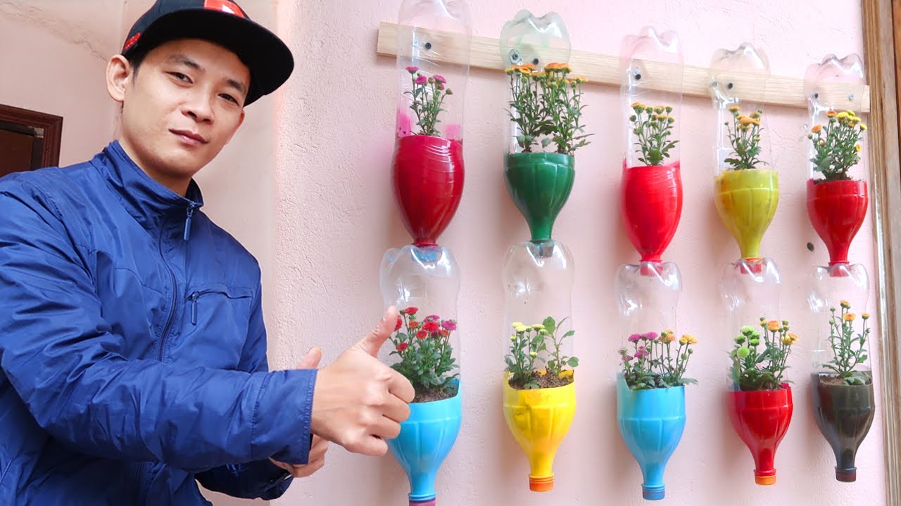 Colorful Garden from Plastic Bottles, Cute Vertical Garden Ideas