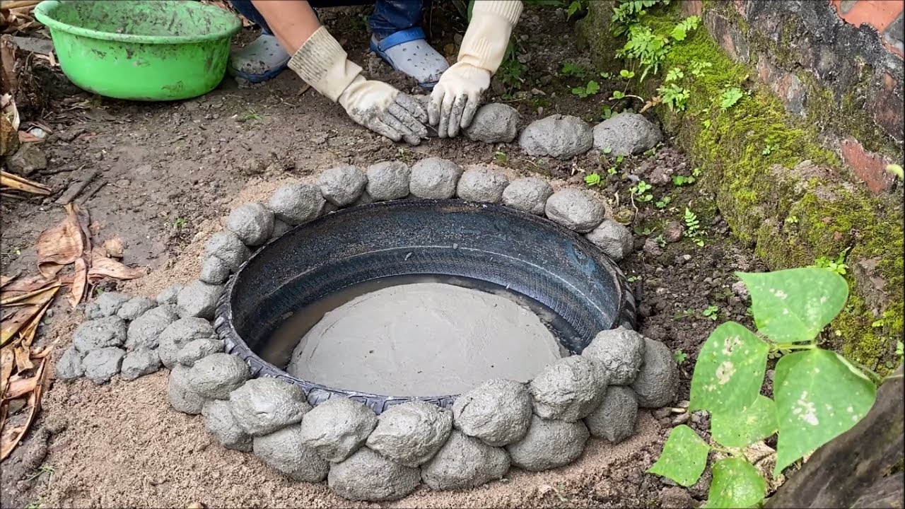 Garden Decoration Ideas from Cement and Old tires | Garden design with beautiful Small Aquarium