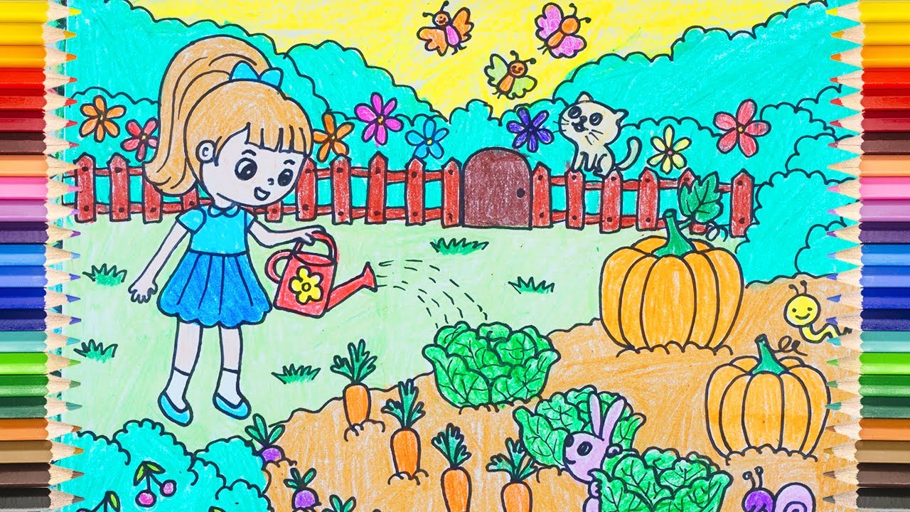 [Drawing] Family Vegetable Garden ! Children Watering Vegetables