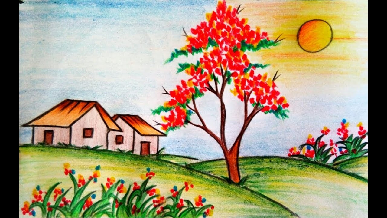 Learn How to draw scenery of flower garden step by step || Drawing ||