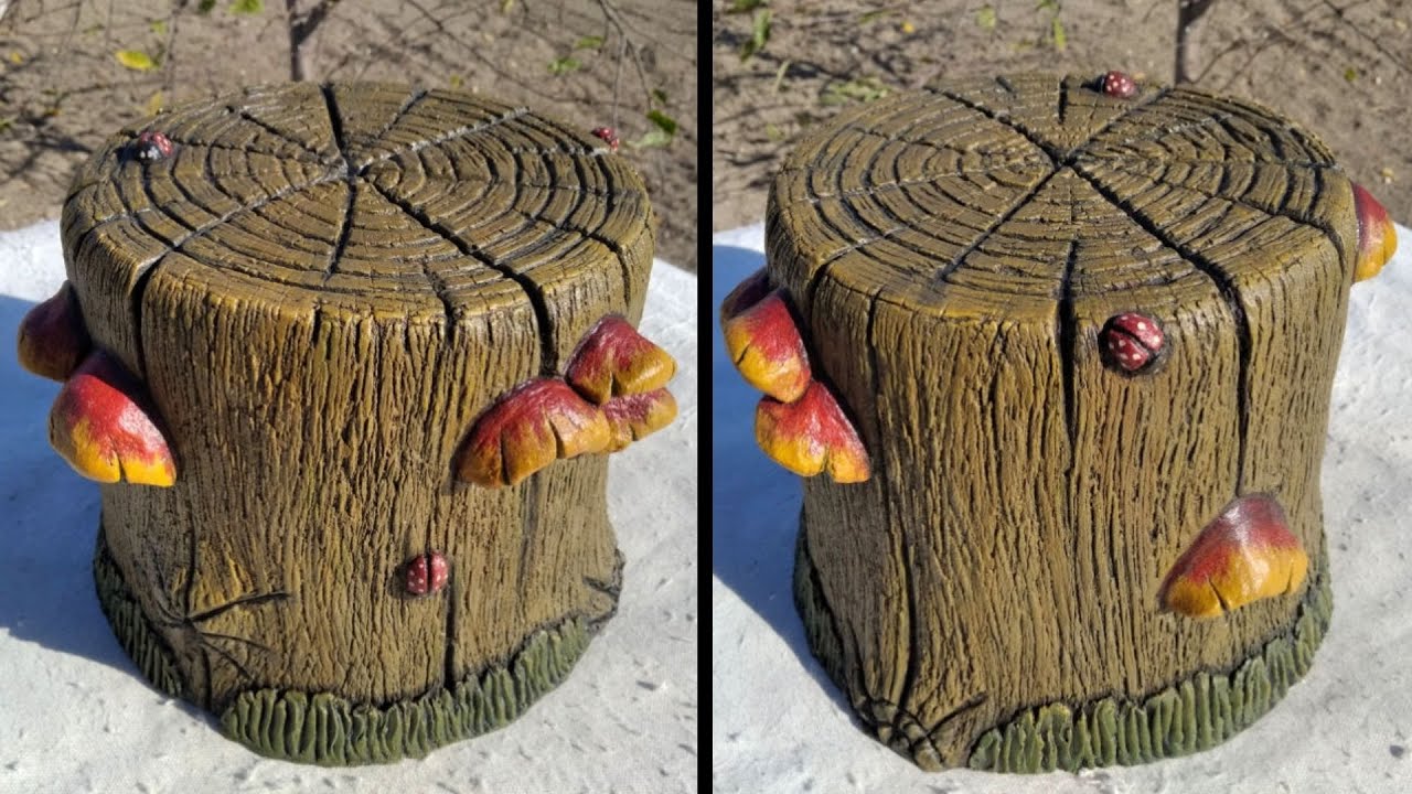 Garden design. How to make concrete tree stump. Fairy concrete tree stump