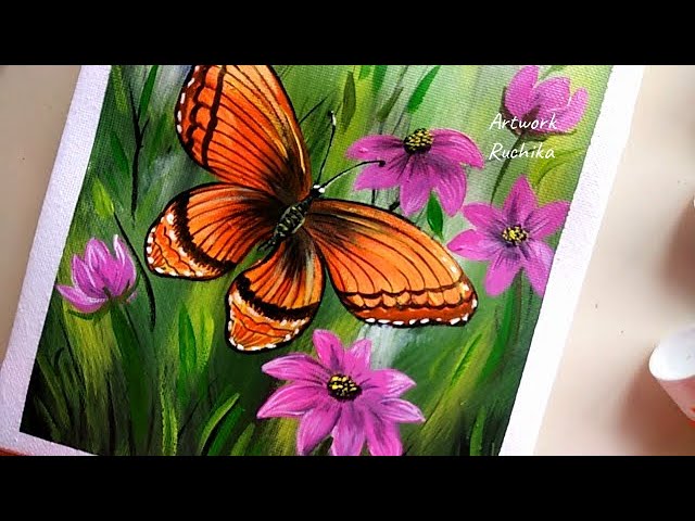 Painting a Butterfly in flower garden 🌼 | Acrylic painting technique for beginners
