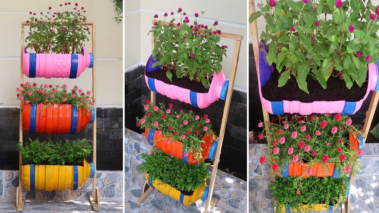 Easy & cheap, Making DIY plastic bottles for beautiful vertical flower garden for small space