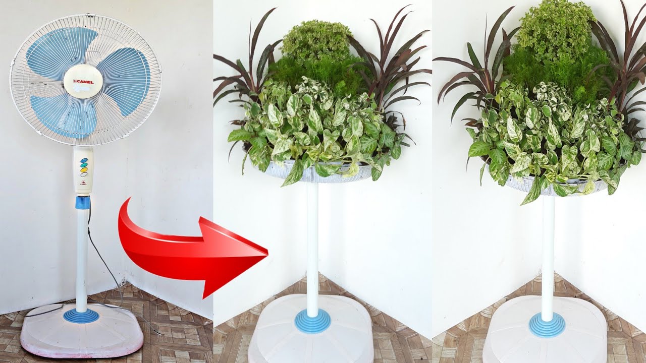 GARDENING IDEAS-TURNING OLD STAND FAN INTO VERTICAL GARDEN STAND
